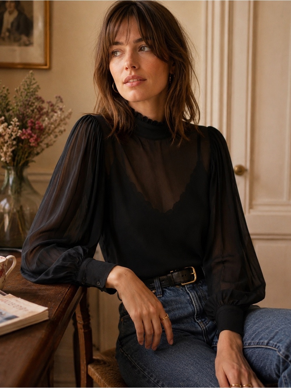 J Crew Womens Ruffle Neck Top Sz Small Black Chiffon Sheer Blouse Lined Shirt